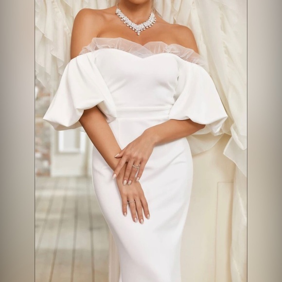 NWT - Giffniseti Off Shoulder Contrast Mesh Mermaid Hem Wedding Dress Sz 6 - Picture 2 of 3